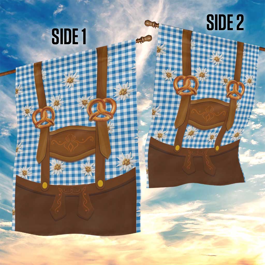 Traditional German Costume - Lederhosen and Soft Pretzel Garden Flag Red Plaid Pattern with Edelweiss Flowers