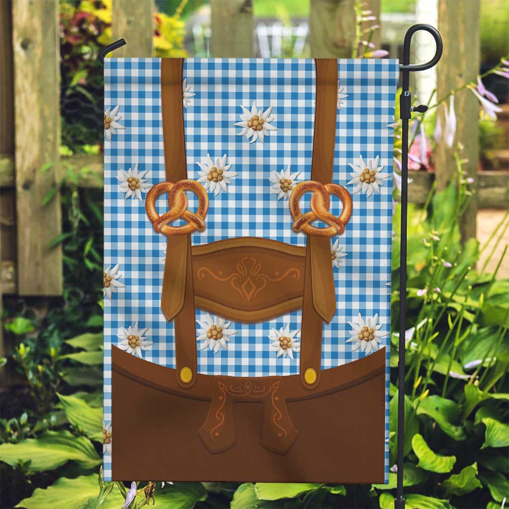 Traditional German Costume - Lederhosen and Soft Pretzel Garden Flag Red Plaid Pattern with Edelweiss Flowers