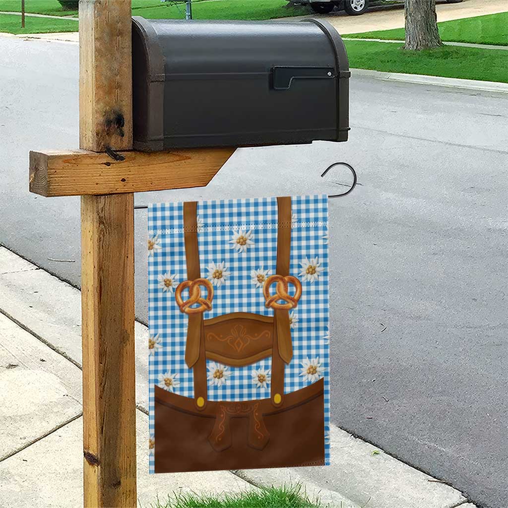 Traditional German Costume - Lederhosen and Soft Pretzel Garden Flag Red Plaid Pattern with Edelweiss Flowers