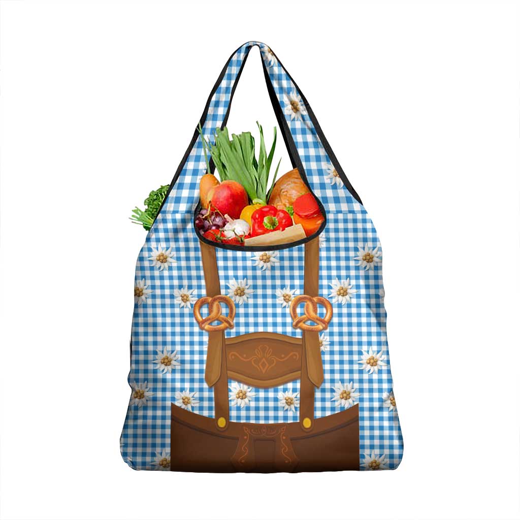 Traditional German Costume - Lederhosen and Soft Pretzel Grocery Bag Red Plaid Pattern with Edelweiss Flowers