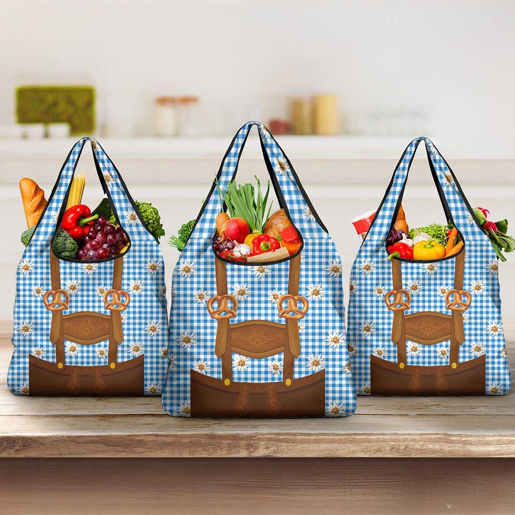 Traditional German Costume - Lederhosen and Soft Pretzel Grocery Bag Red Plaid Pattern with Edelweiss Flowers