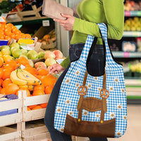 Traditional German Costume - Lederhosen and Soft Pretzel Grocery Bag Red Plaid Pattern with Edelweiss Flowers
