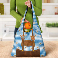 Traditional German Costume - Lederhosen and Soft Pretzel Grocery Bag Red Plaid Pattern with Edelweiss Flowers