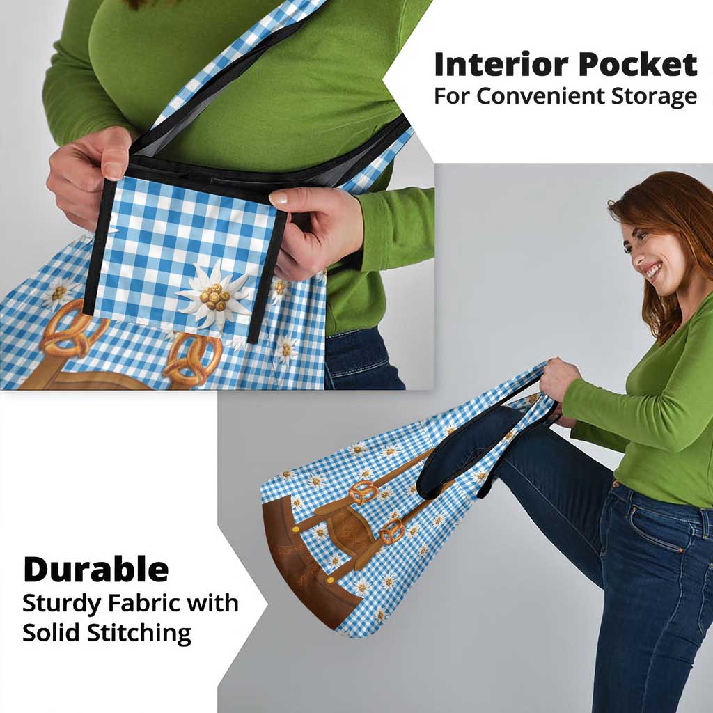 Traditional German Costume - Lederhosen and Soft Pretzel Grocery Bag Red Plaid Pattern with Edelweiss Flowers