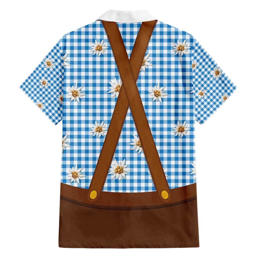 Traditional German Costume - Lederhosen and Soft Pretzel Hawaiian Shirt Red Plaid Pattern with Edelweiss Flowers