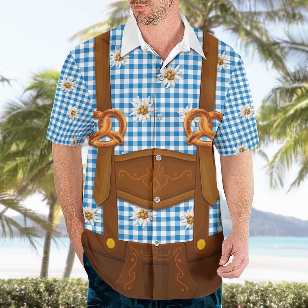 Traditional German Costume - Lederhosen and Soft Pretzel Hawaiian Shirt Red Plaid Pattern with Edelweiss Flowers