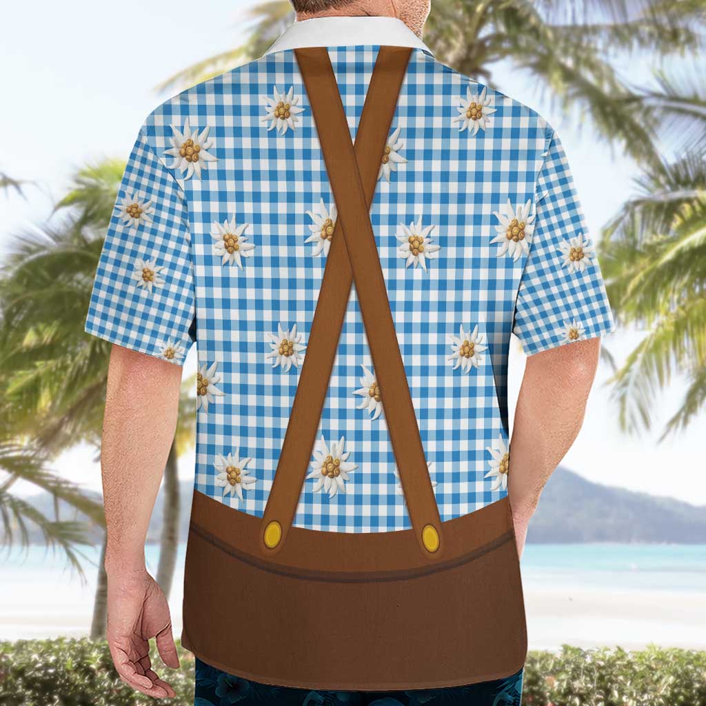 Traditional German Costume - Lederhosen and Soft Pretzel Hawaiian Shirt Red Plaid Pattern with Edelweiss Flowers