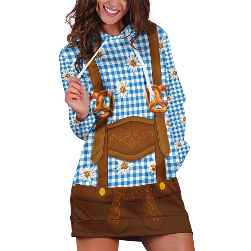 Traditional German Costume - Lederhosen and Soft Pretzel Hoodie Dress Red Plaid Pattern with Edelweiss Flowers