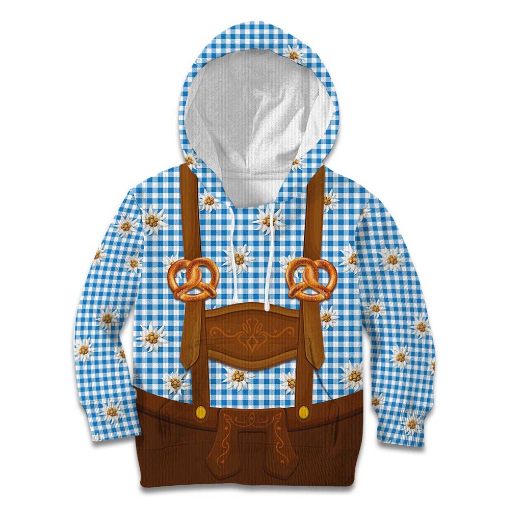 Traditional German Costume - Lederhosen and Soft Pretzel Kid Hoodie Red Plaid Pattern with Edelweiss Flowers