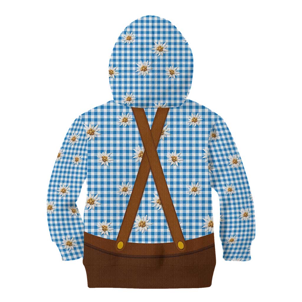 Traditional German Costume - Lederhosen and Soft Pretzel Kid Hoodie Red Plaid Pattern with Edelweiss Flowers