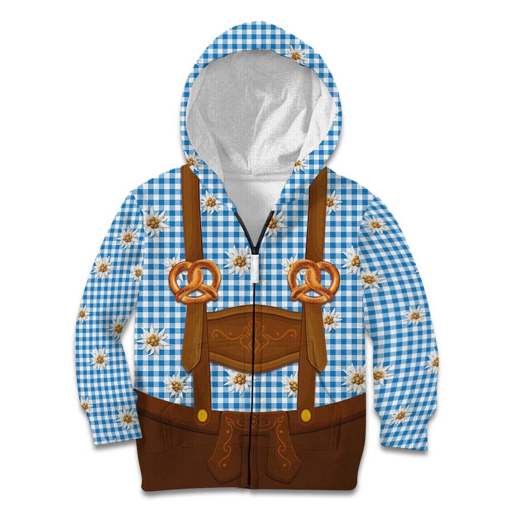 Traditional German Costume - Lederhosen and Soft Pretzel Kid Hoodie Red Plaid Pattern with Edelweiss Flowers