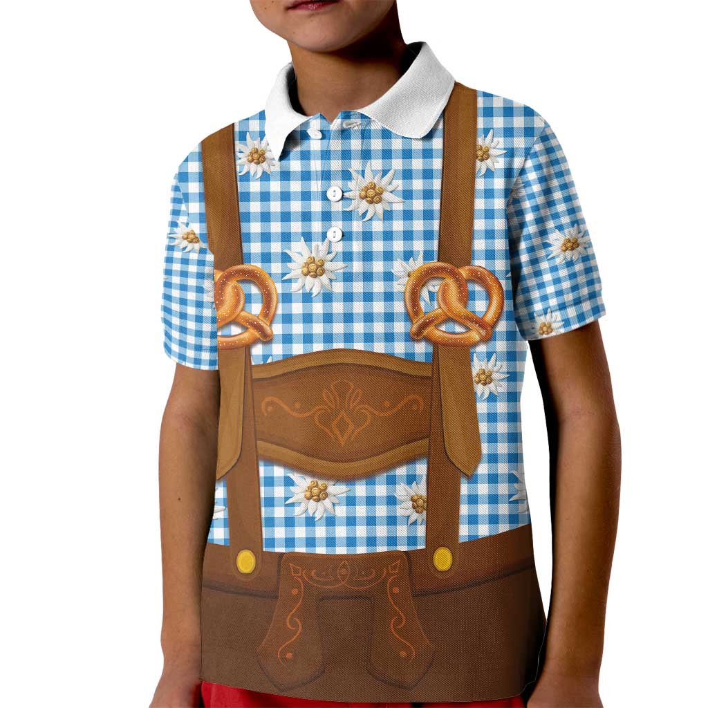 Traditional German Costume - Lederhosen and Soft Pretzel Kid Polo Shirt Red Plaid Pattern with Edelweiss Flowers