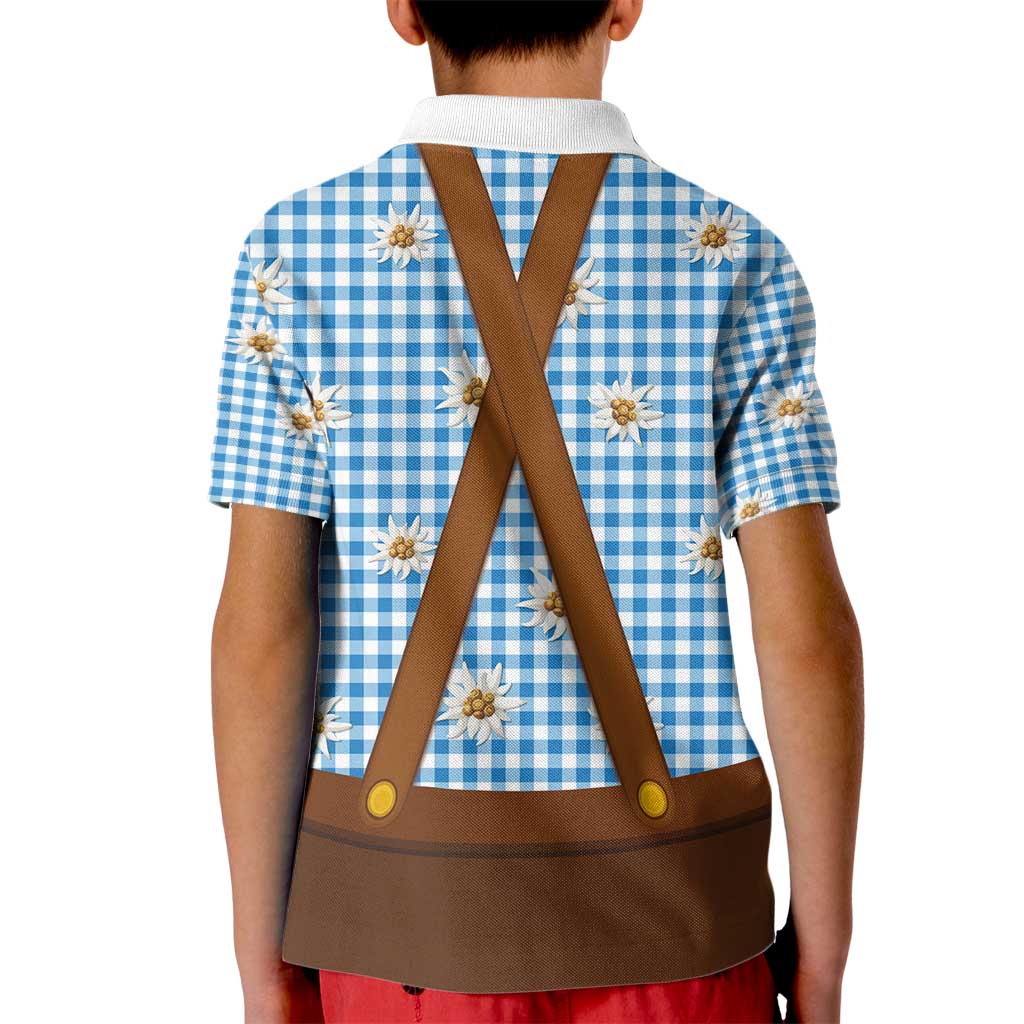 Traditional German Costume - Lederhosen and Soft Pretzel Kid Polo Shirt Red Plaid Pattern with Edelweiss Flowers