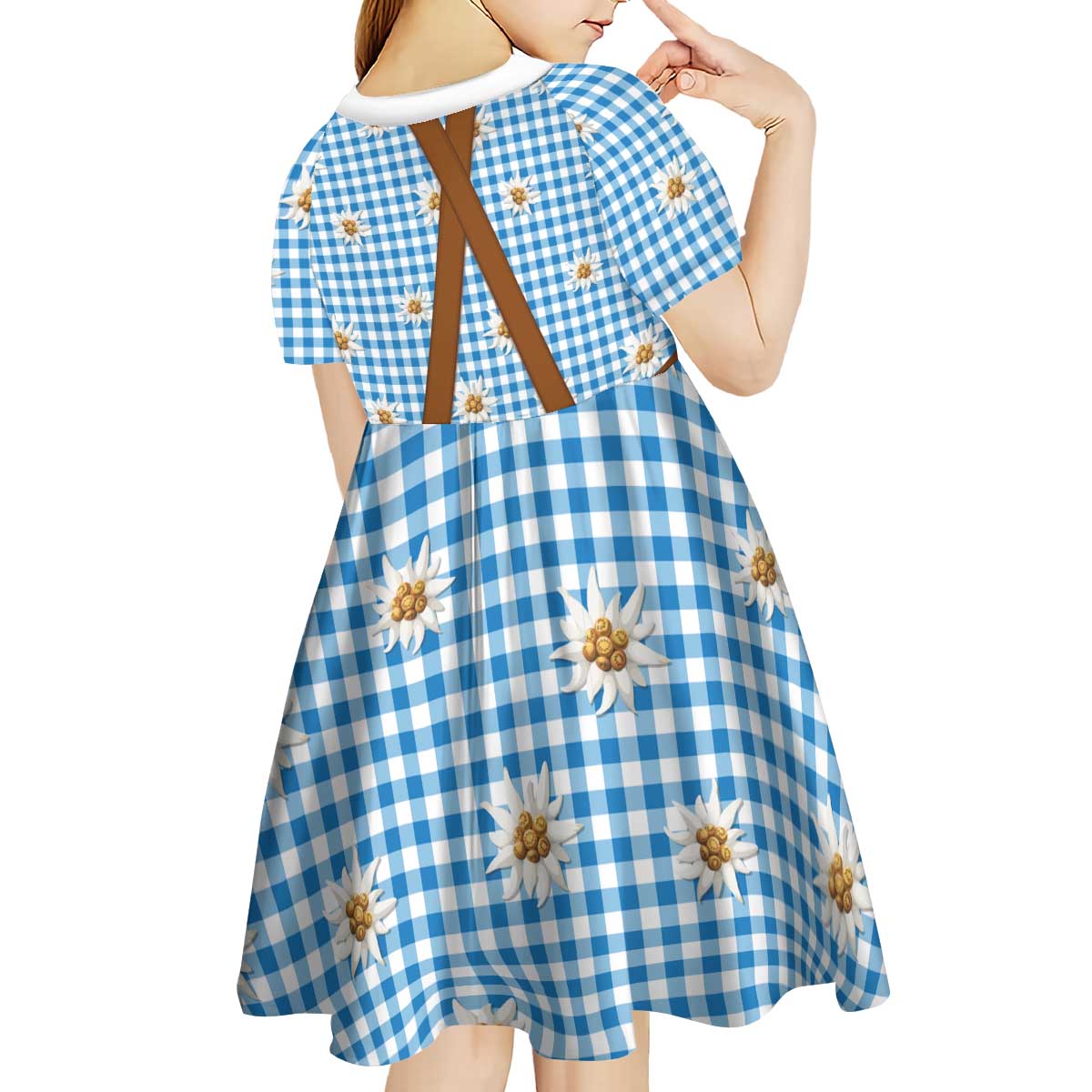 Traditional German Costume - Lederhosen and Soft Pretzel Kid Short Sleeve Dress Red Plaid Pattern with Edelweiss Flowers