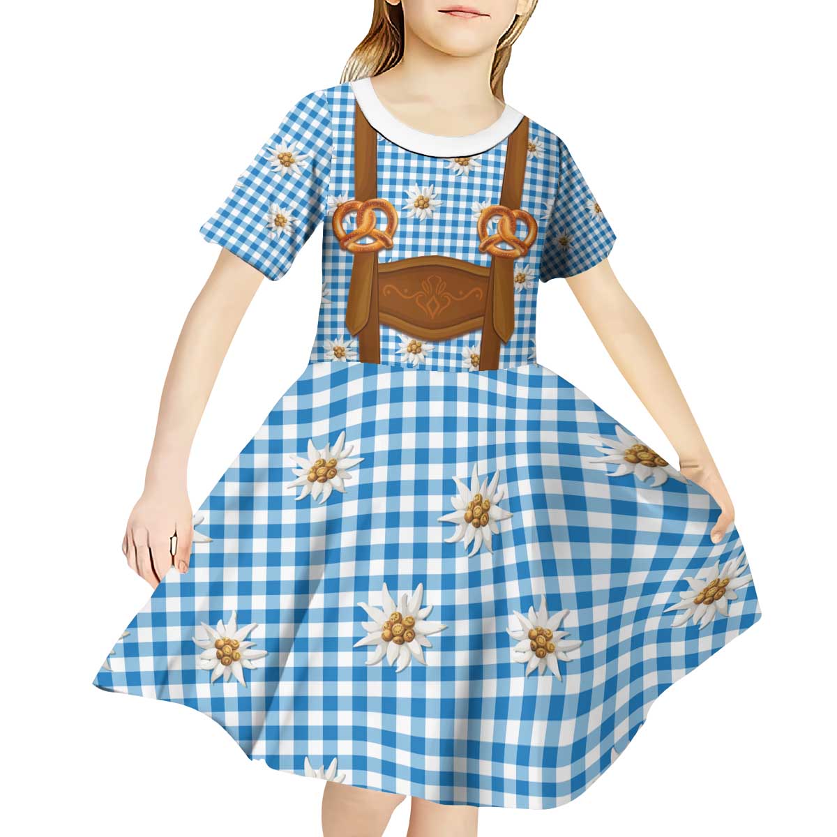 Traditional German Costume - Lederhosen and Soft Pretzel Kid Short Sleeve Dress Red Plaid Pattern with Edelweiss Flowers