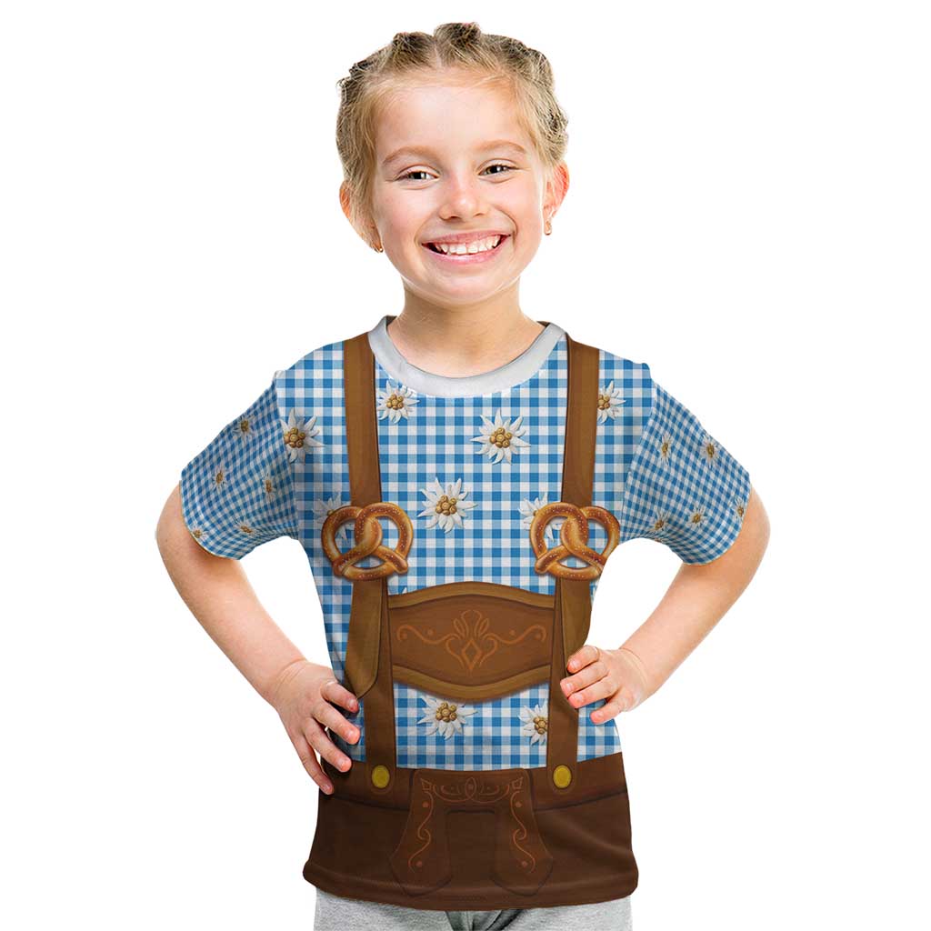 Traditional German Costume - Lederhosen and Soft Pretzel Kid T Shirt Red Plaid Pattern with Edelweiss Flowers