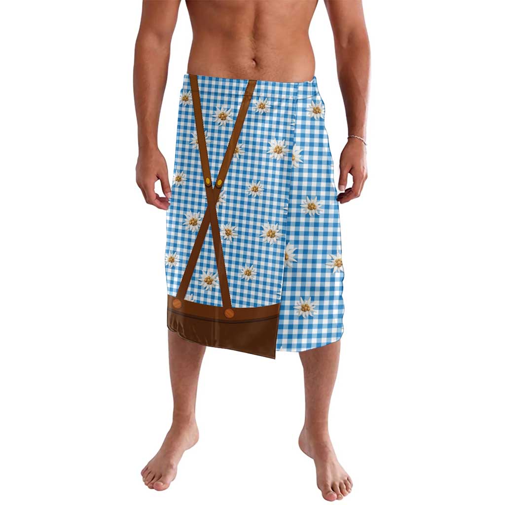 Traditional German Costume - Lederhosen and Soft Pretzel Lavalava Red Plaid Pattern with Edelweiss Flowers