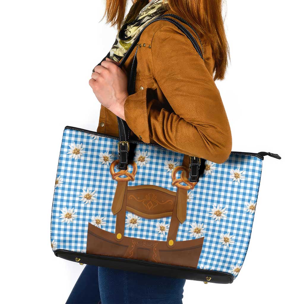 Traditional German Costume - Lederhosen and Soft Pretzel Leather Tote Bag Red Plaid Pattern with Edelweiss Flowers