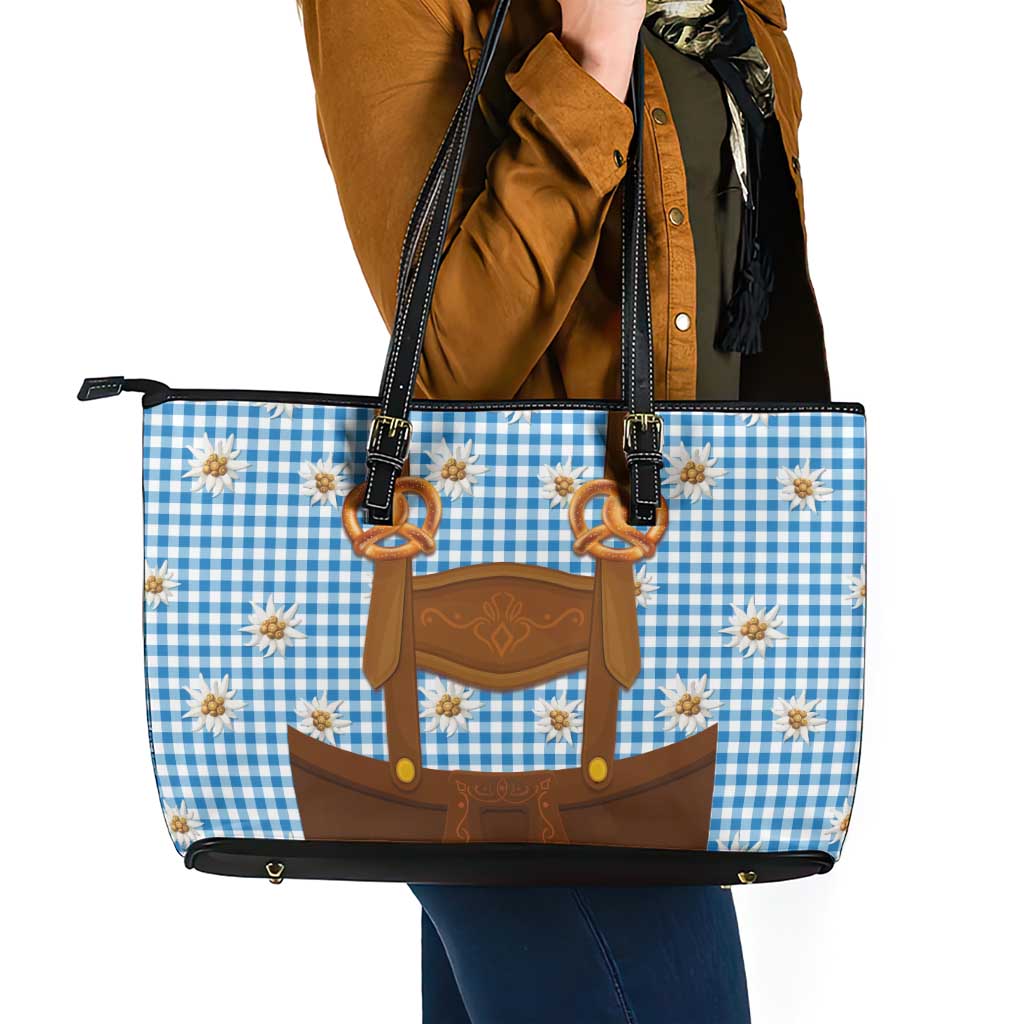 Traditional German Costume - Lederhosen and Soft Pretzel Leather Tote Bag Red Plaid Pattern with Edelweiss Flowers