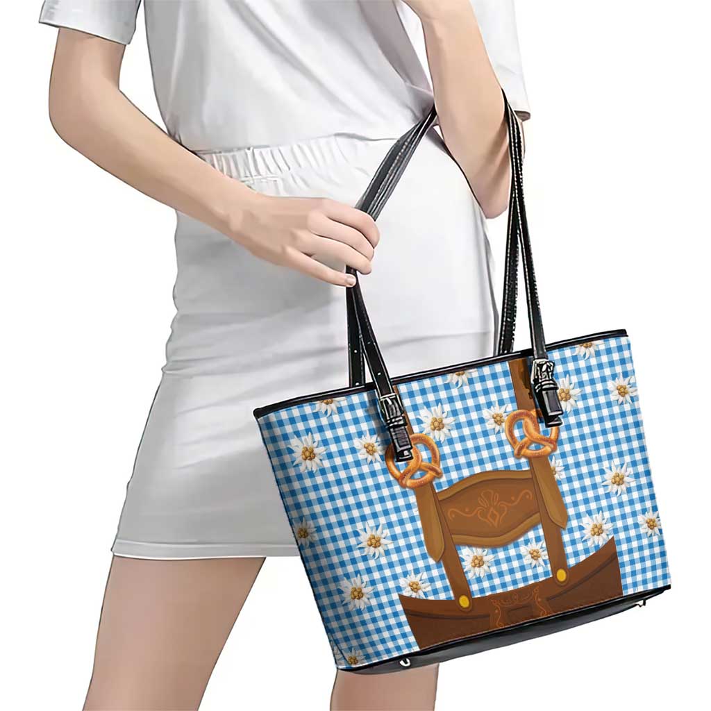Traditional German Costume - Lederhosen and Soft Pretzel Leather Tote Bag Red Plaid Pattern with Edelweiss Flowers