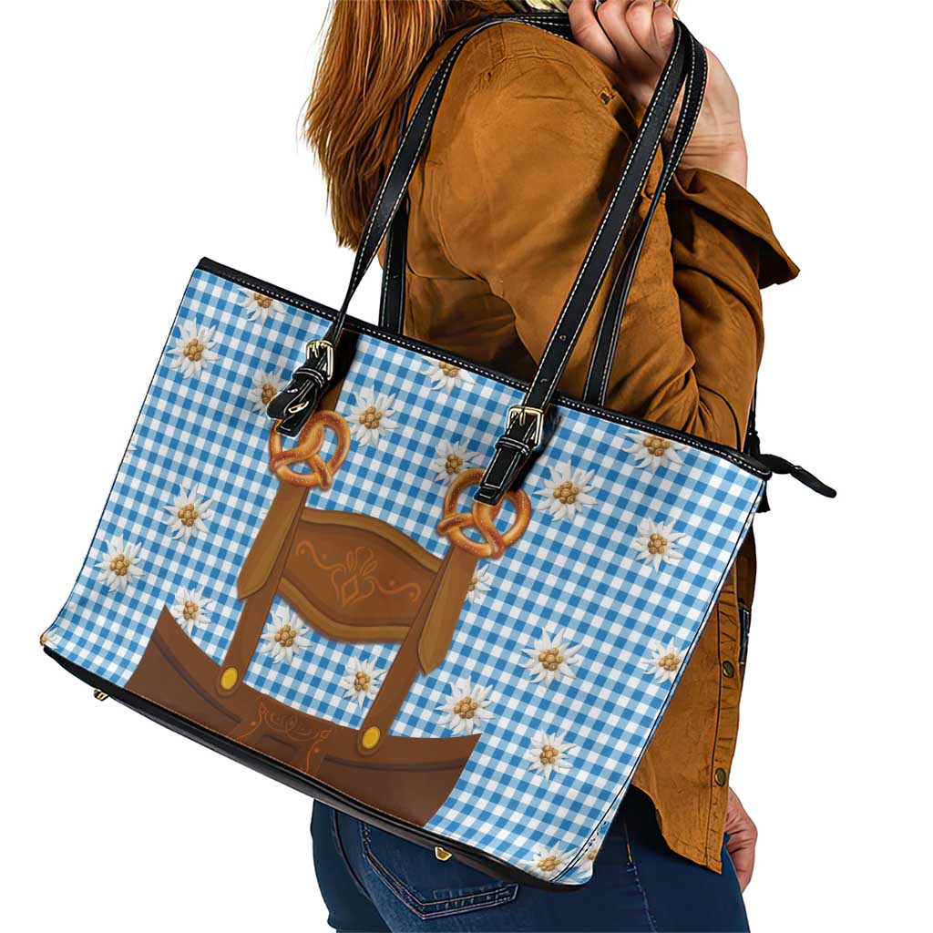 Traditional German Costume - Lederhosen and Soft Pretzel Leather Tote Bag Red Plaid Pattern with Edelweiss Flowers