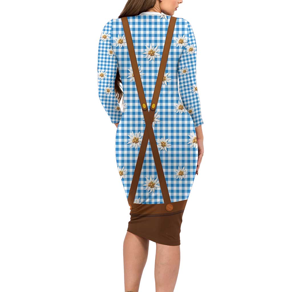 Traditional German Costume - Lederhosen and Soft Pretzel Long Sleeve Bodycon Dress Red Plaid Pattern with Edelweiss Flowers