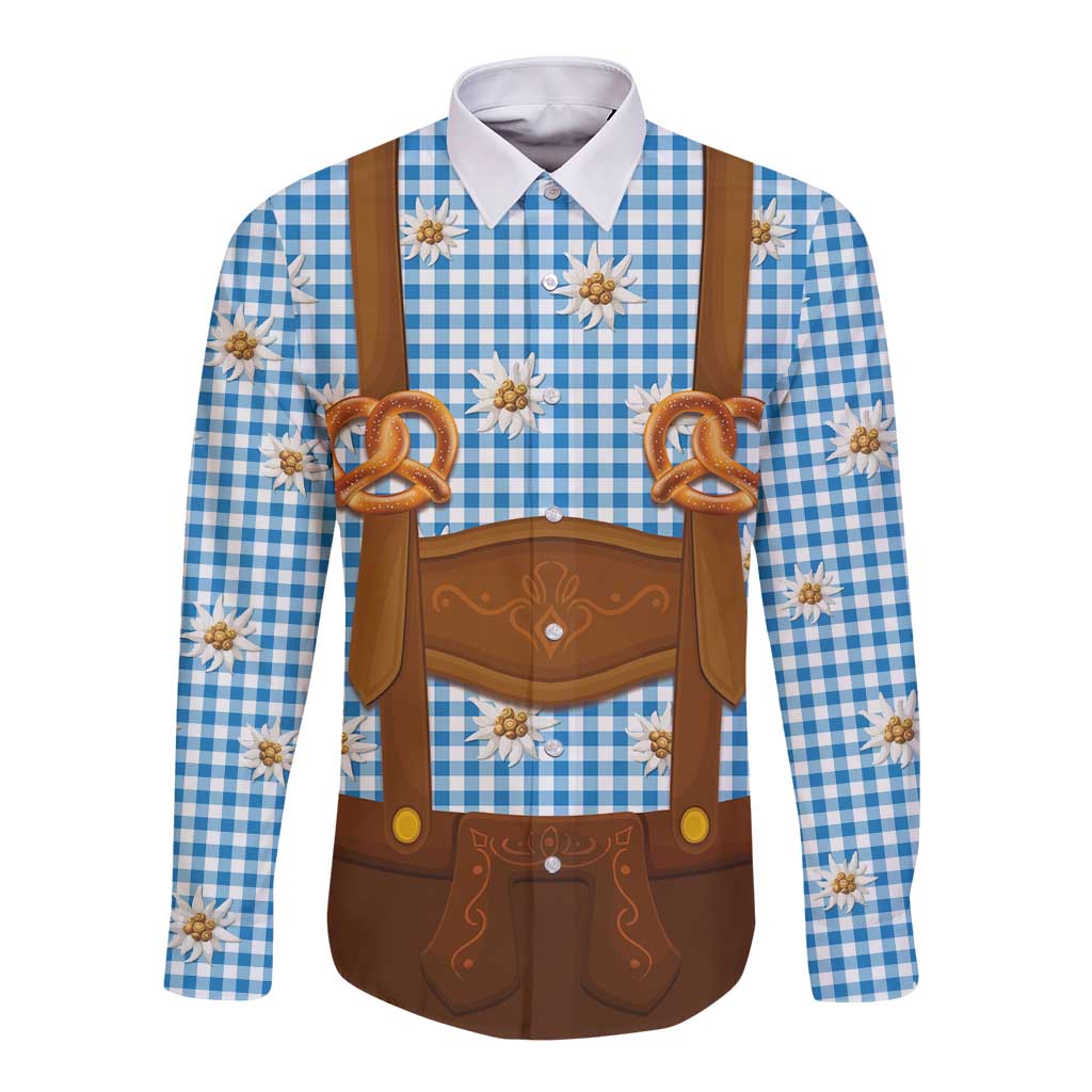 Traditional German Costume - Lederhosen and Soft Pretzel Long Sleeve Button Shirt Red Plaid Pattern with Edelweiss Flowers