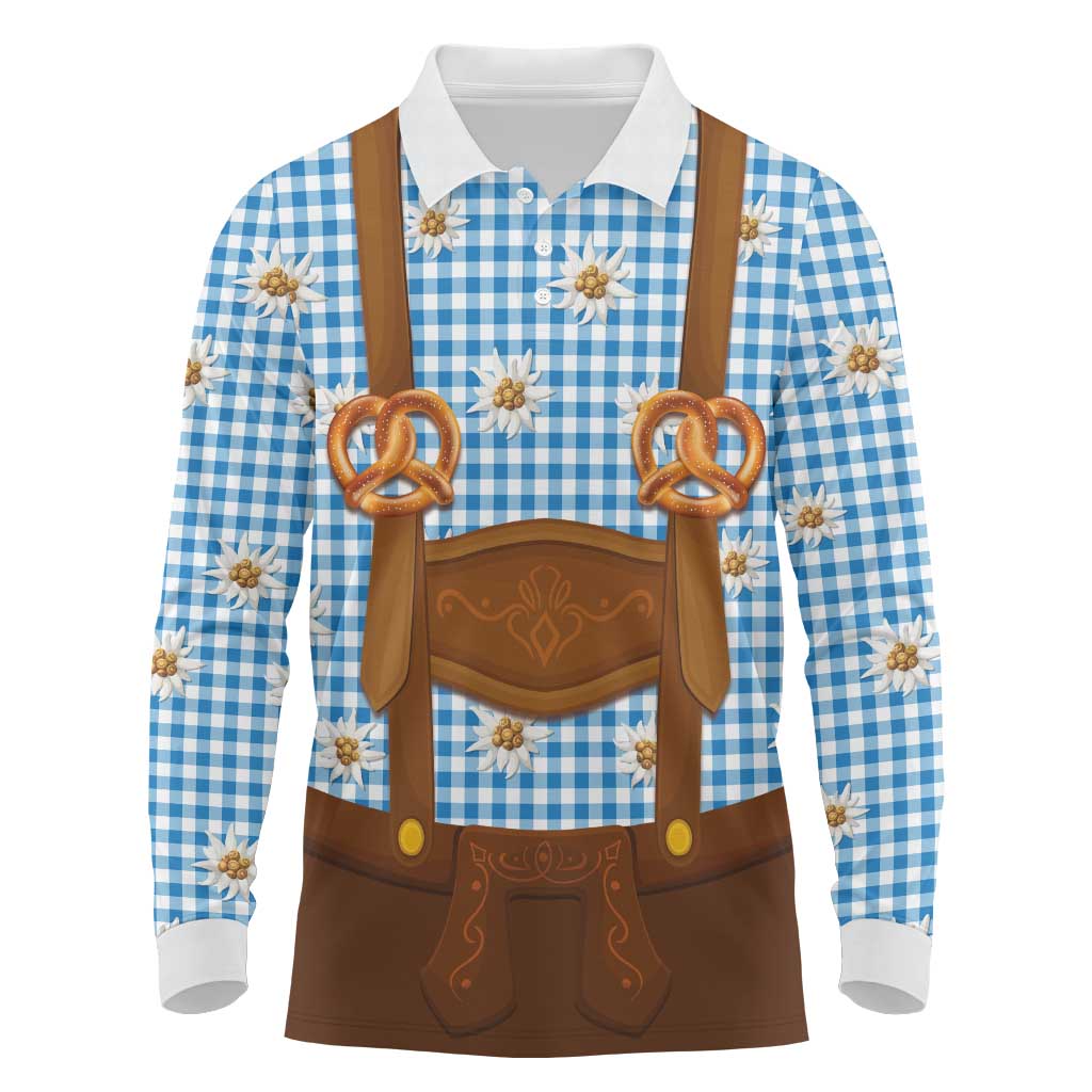 Traditional German Costume - Lederhosen and Soft Pretzel Long Sleeve Polo Shirt Red Plaid Pattern with Edelweiss Flowers