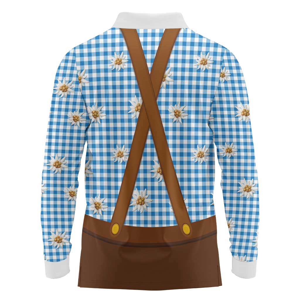 Traditional German Costume - Lederhosen and Soft Pretzel Long Sleeve Polo Shirt Red Plaid Pattern with Edelweiss Flowers