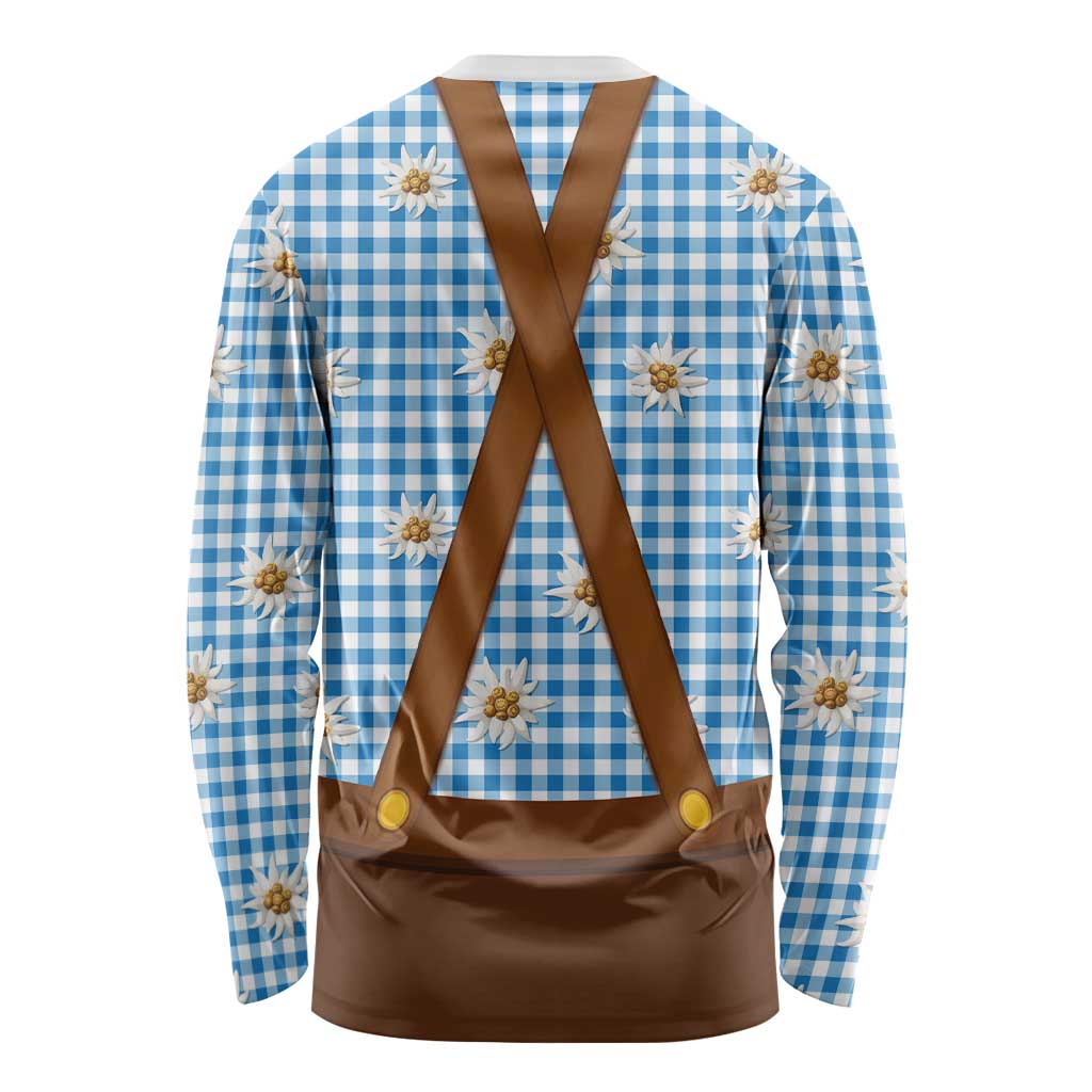Traditional German Costume - Lederhosen and Soft Pretzel Long Sleeve Shirt Red Plaid Pattern with Edelweiss Flowers