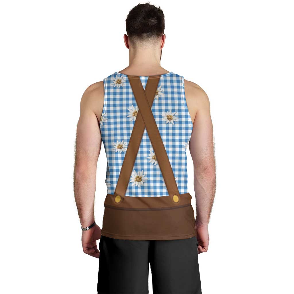 Traditional German Costume - Lederhosen and Soft Pretzel Men Tank Top Red Plaid Pattern with Edelweiss Flowers