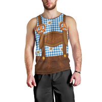 Traditional German Costume - Lederhosen and Soft Pretzel Men Tank Top Red Plaid Pattern with Edelweiss Flowers