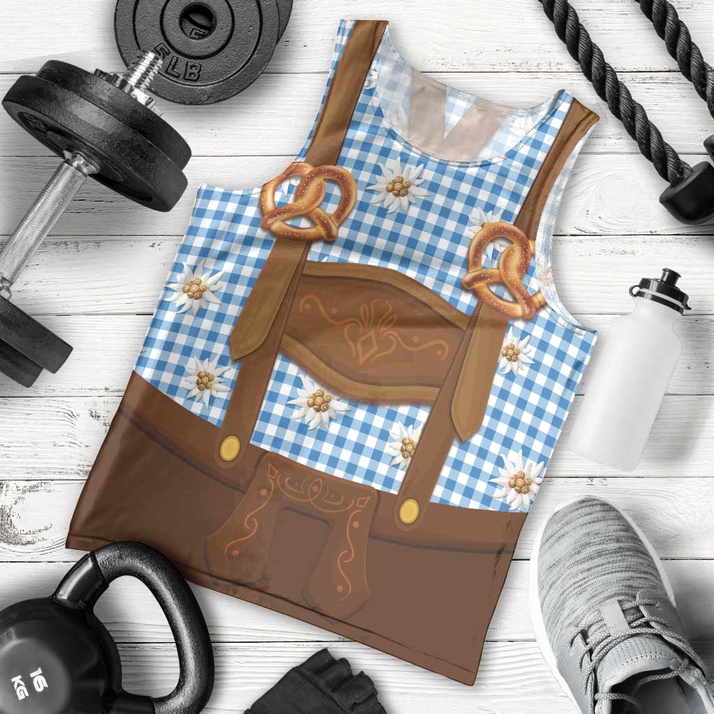 Traditional German Costume - Lederhosen and Soft Pretzel Men Tank Top Red Plaid Pattern with Edelweiss Flowers