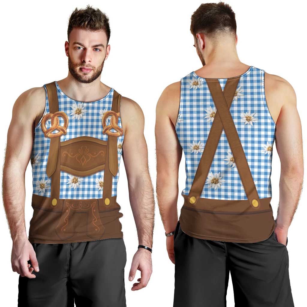 Traditional German Costume - Lederhosen and Soft Pretzel Men Tank Top Red Plaid Pattern with Edelweiss Flowers