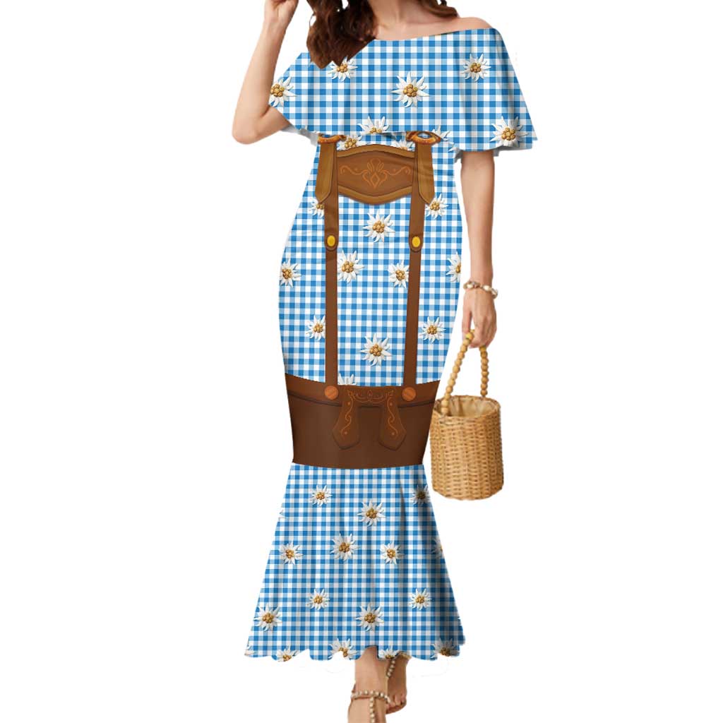 Traditional German Costume - Lederhosen and Soft Pretzel Mermaid Dress Red Plaid Pattern with Edelweiss Flowers
