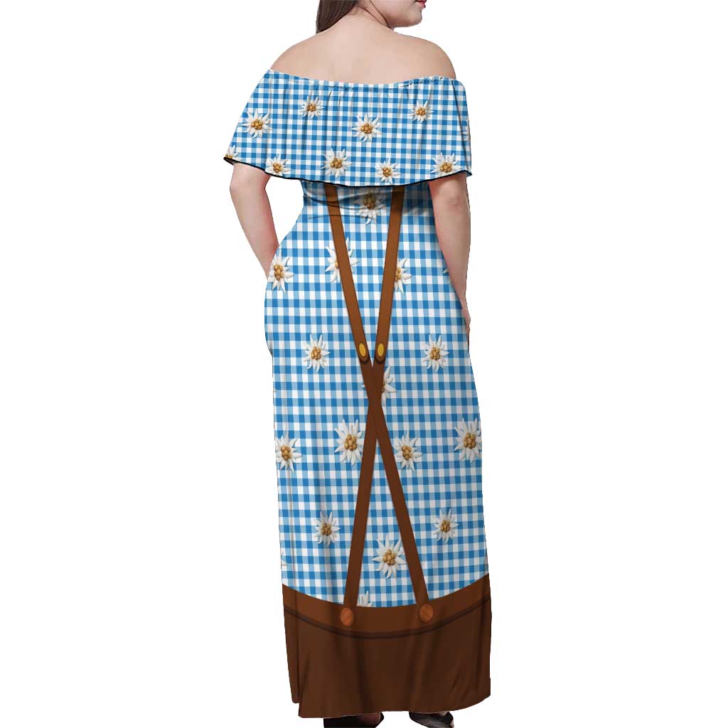 Traditional German Costume - Lederhosen and Soft Pretzel Off Shoulder Maxi Dress Red Plaid Pattern with Edelweiss Flowers
