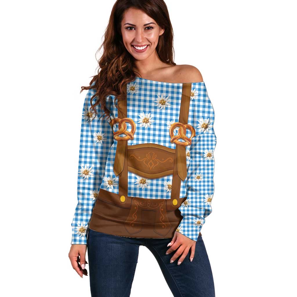 Traditional German Costume - Lederhosen and Soft Pretzel Off Shoulder Sweater Red Plaid Pattern with Edelweiss Flowers
