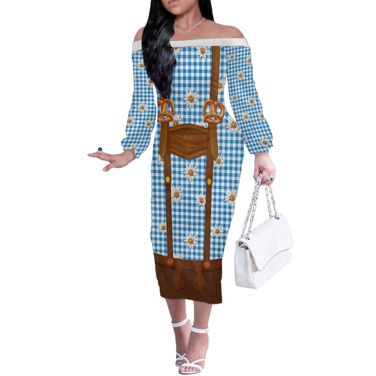 Traditional German Costume - Lederhosen and Soft Pretzel Off The Shoulder Long Sleeve Dress Red Plaid Pattern with Edelweiss Flowers