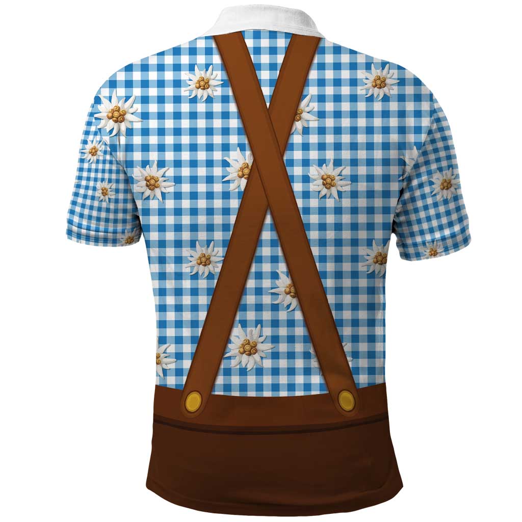 Traditional German Costume - Lederhosen and Soft Pretzel Polo Shirt Red Plaid Pattern with Edelweiss Flowers