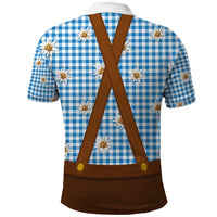 Traditional German Costume - Lederhosen and Soft Pretzel Polo Shirt Red Plaid Pattern with Edelweiss Flowers