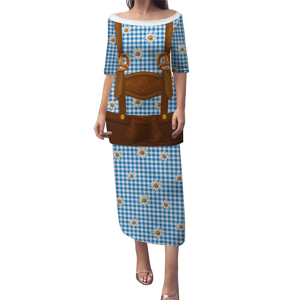 Traditional German Costume - Lederhosen and Soft Pretzel Puletasi Red Plaid Pattern with Edelweiss Flowers