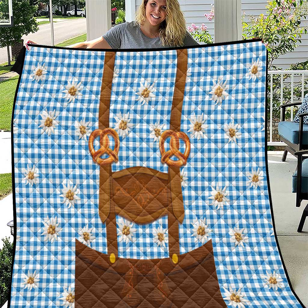 Traditional German Costume - Lederhosen and Soft Pretzel Quilt Red Plaid Pattern with Edelweiss Flowers