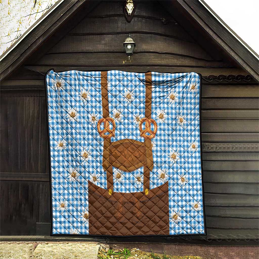 Traditional German Costume - Lederhosen and Soft Pretzel Quilt Red Plaid Pattern with Edelweiss Flowers