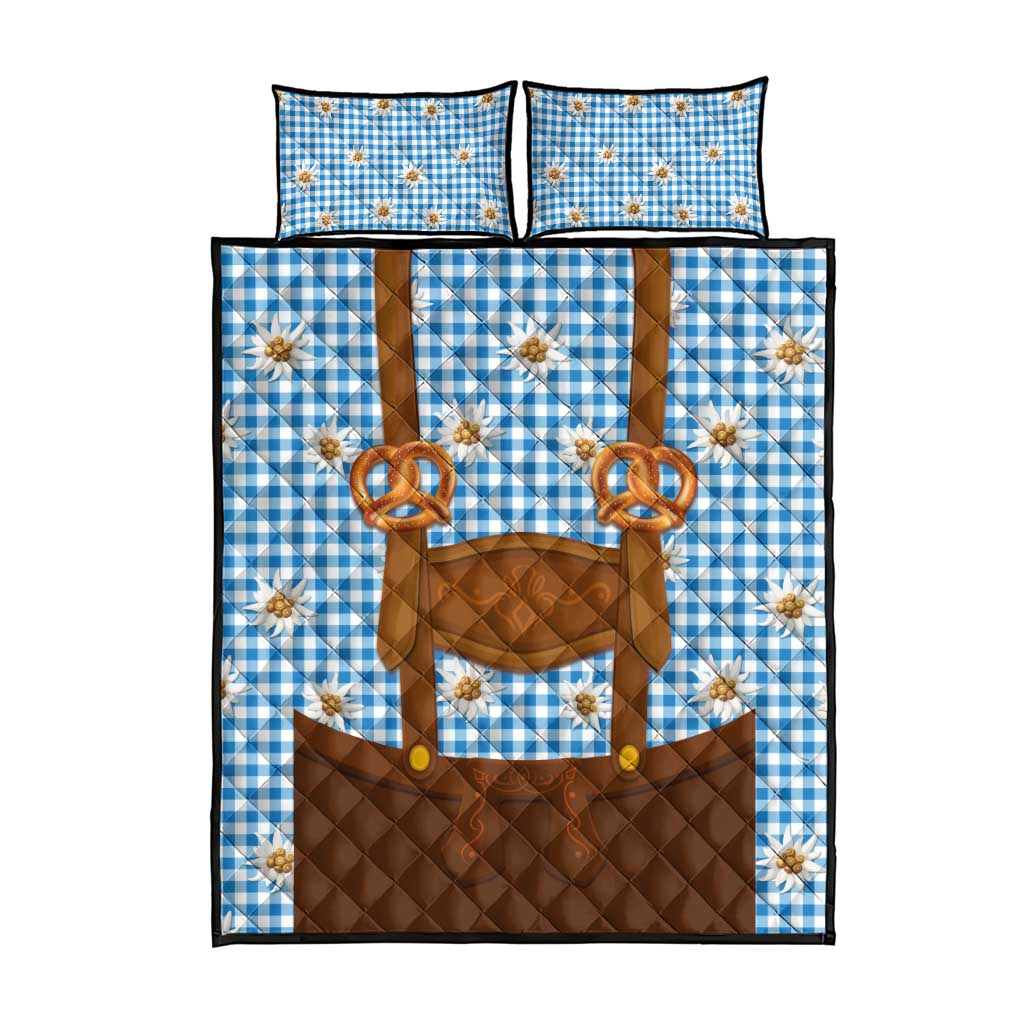 Traditional German Costume - Lederhosen and Soft Pretzel Quilt Bed Set Red Plaid Pattern with Edelweiss Flowers