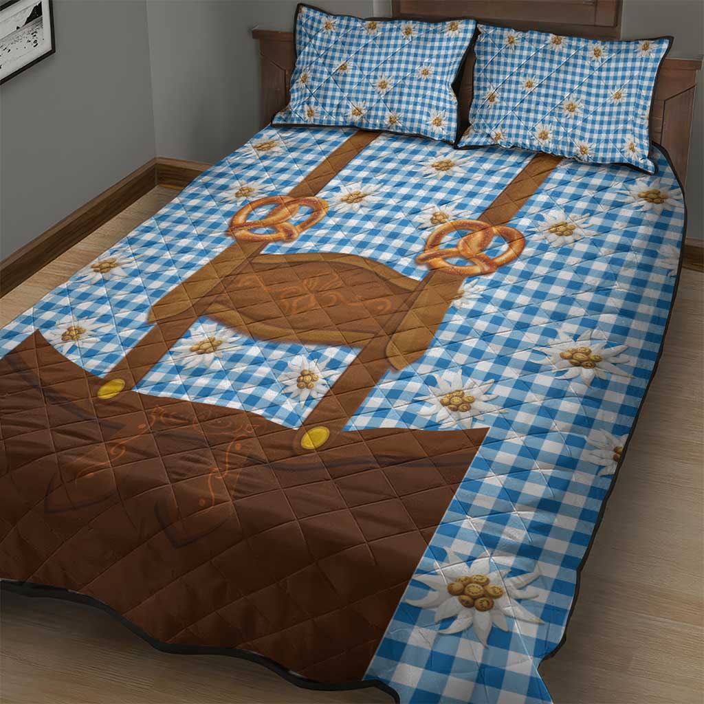 Traditional German Costume - Lederhosen and Soft Pretzel Quilt Bed Set Red Plaid Pattern with Edelweiss Flowers