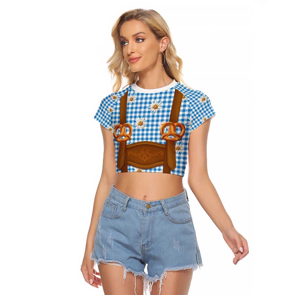Traditional German Costume - Lederhosen and Soft Pretzel Raglan Cropped T Shirt Red Plaid Pattern with Edelweiss Flowers