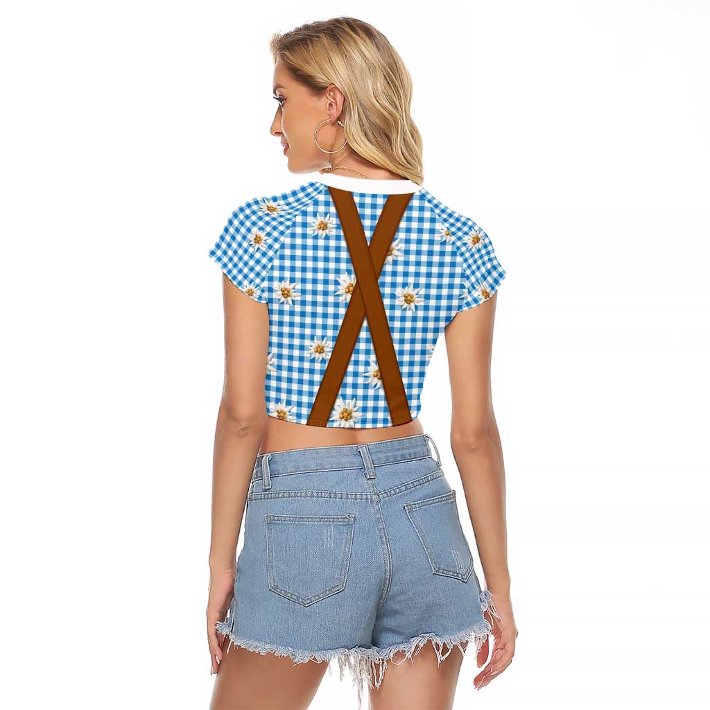 Traditional German Costume - Lederhosen and Soft Pretzel Raglan Cropped T Shirt Red Plaid Pattern with Edelweiss Flowers