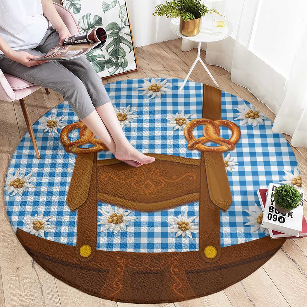 Traditional German Costume - Lederhosen and Soft Pretzel Round Carpet Red Plaid Pattern with Edelweiss Flowers