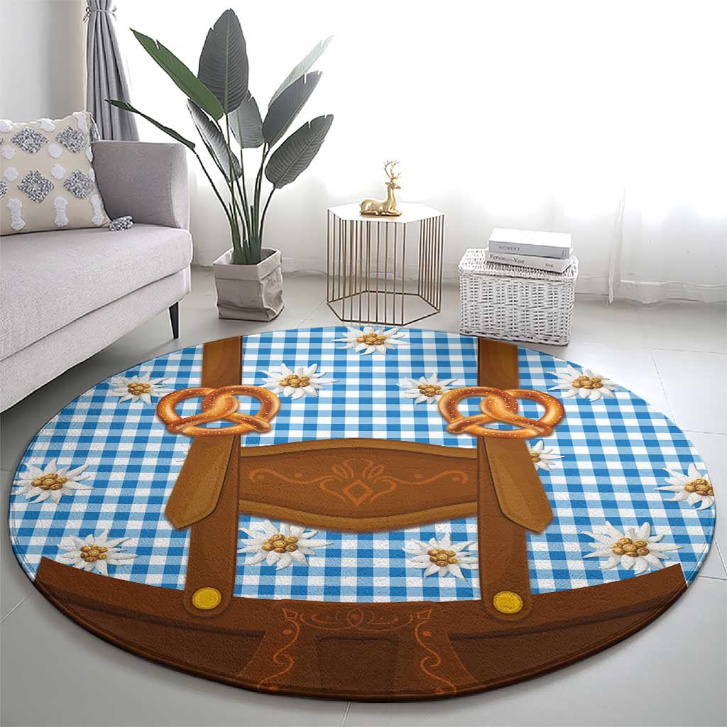 Traditional German Costume - Lederhosen and Soft Pretzel Round Carpet Red Plaid Pattern with Edelweiss Flowers