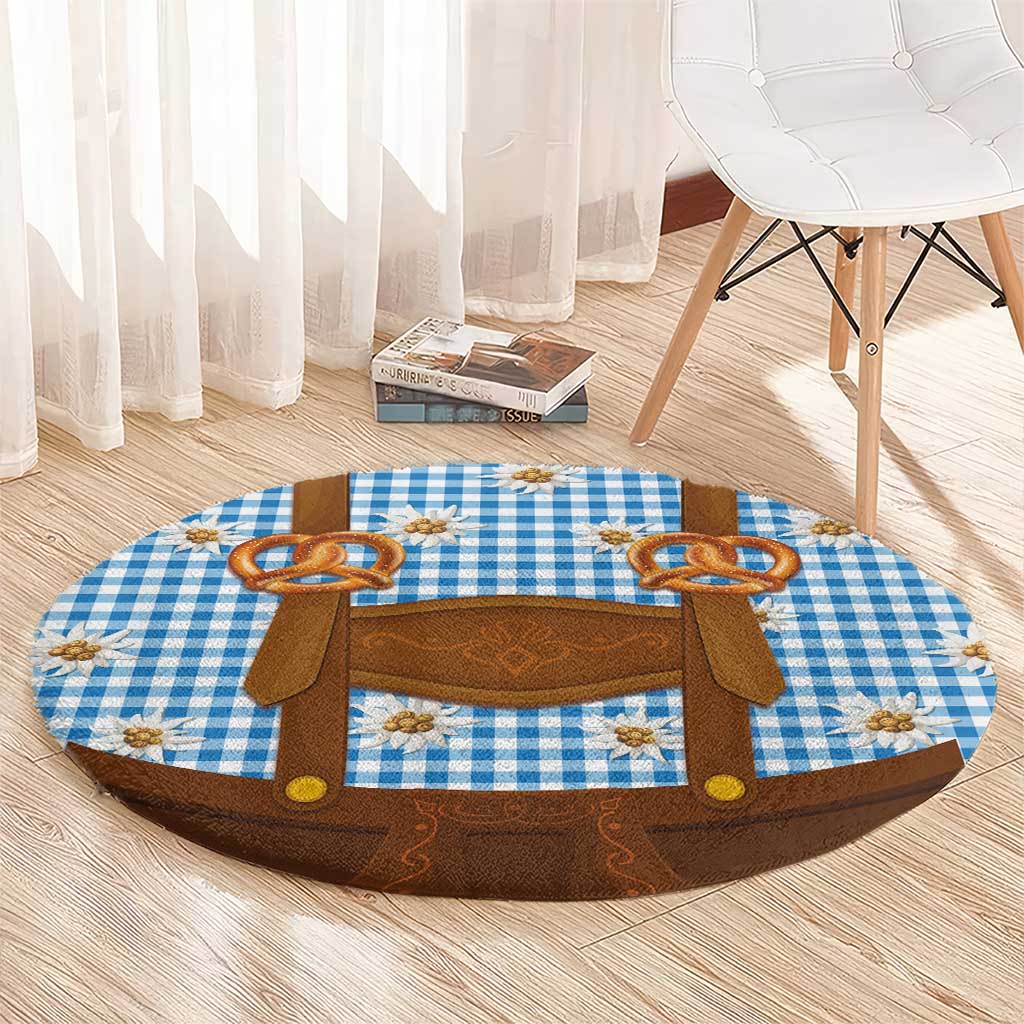 Traditional German Costume - Lederhosen and Soft Pretzel Round Carpet Red Plaid Pattern with Edelweiss Flowers